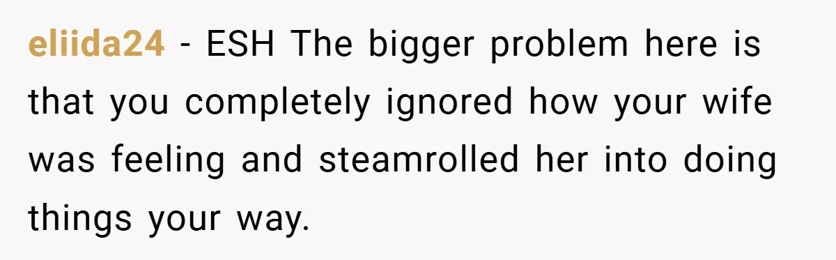 eliida24 − ESH The bigger problem here is that you completely ignored how your wife was feeling and steamrolled her into doing things your way.