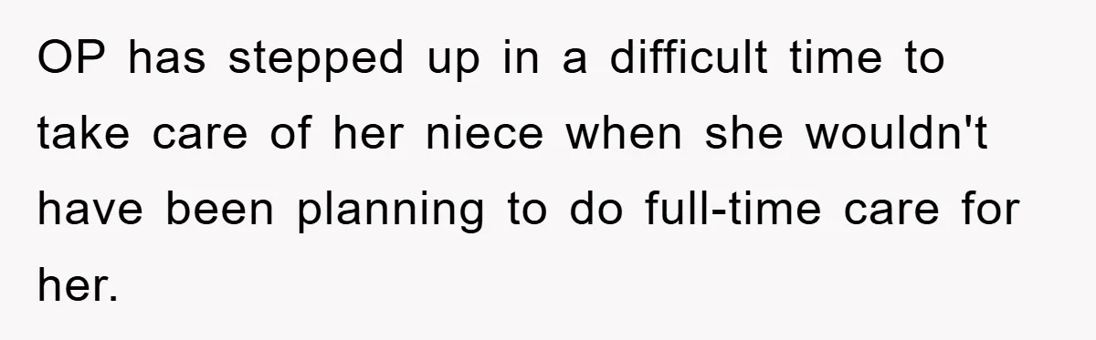 OP has stepped up in a difficult time to take care of her niece when she wouldn't have been planning to do full-time care for her.