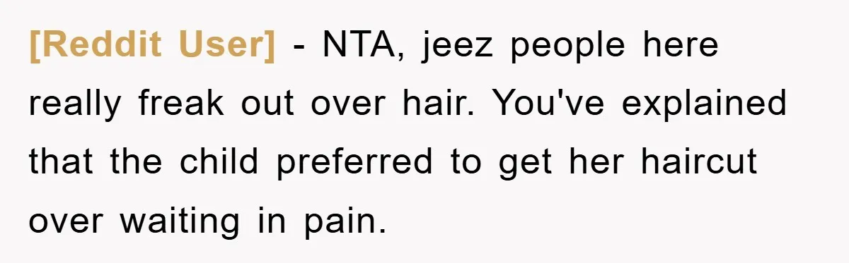 [Reddit User] − NTA, jeez people here really freak out over hair. You've explained that the child preferred to get her haircut over waiting in pain.