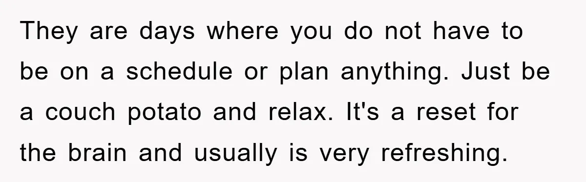 They are days where you do not have to be on a schedule or plan anything. Just be a couch potato and relax. It's a reset for the brain and...