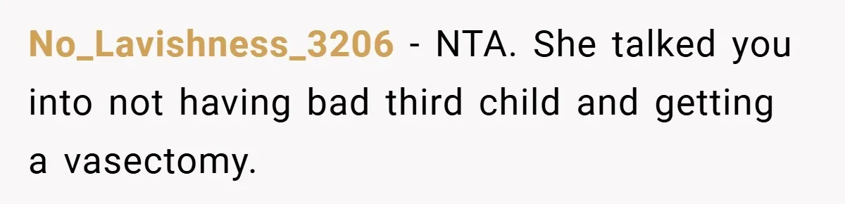 No_Lavishness_3206 − NTA. She talked you into not having bad third child and getting a vasectomy.