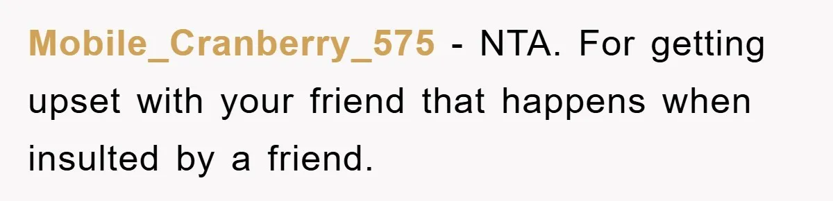 Mobile_Cranberry_575 - NTA. For getting upset with your friend that happens when insulted by a friend.