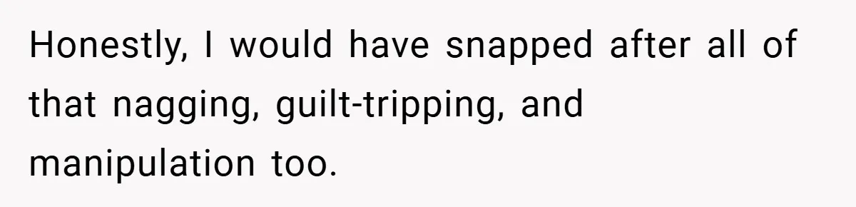 Honestly, I would have snapped after all of that nagging, guilt-tripping, and manipulation too.