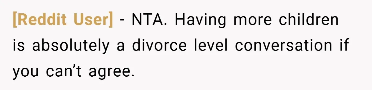 [Reddit User] − NTA. Having more children is absolutely a divorce level conversation if you can’t agree.