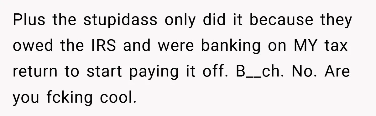 Plus the stupidass only did it because they owed the IRS and were banking on MY tax return to start paying it off. B__ch. No. Are you fcking cool.