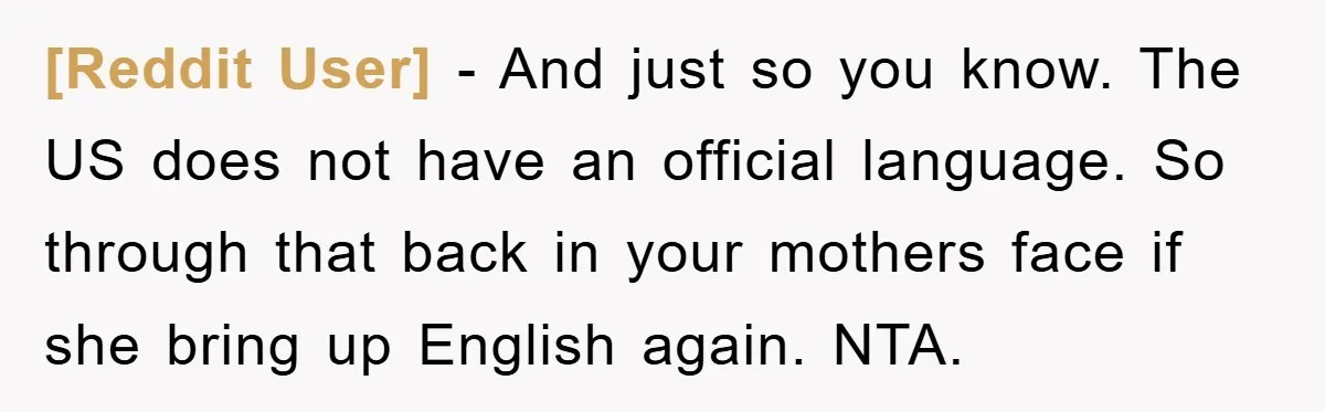 [Reddit User] - And just so you know. The US does not have an official language. So through that back in your mothers face if she bring up English again....