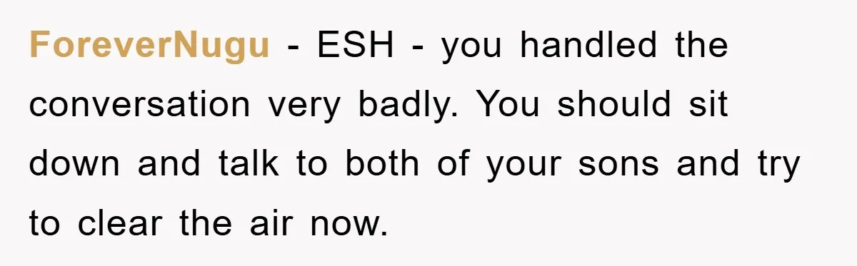 ForeverNugu - ESH - you handled the conversation very badly. You should sit down and talk to both of your sons and try to clear the air now.