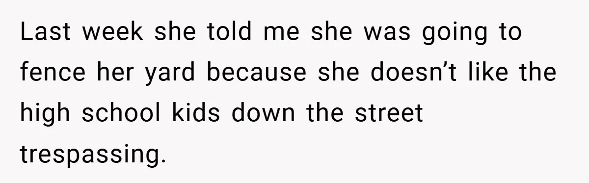 Last week she told me she was going to fence her yard because she doesn’t like the high school kids down the street trespassing.