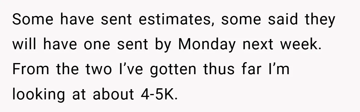 Some have sent estimates, some said they will have one sent by Monday next week. From the two I’ve gotten thus far I’m looking at about 4-5K.