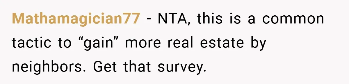 Mathamagician77 − NTA, this is a common tactic to “gain” more real estate by neighbors. Get that survey.