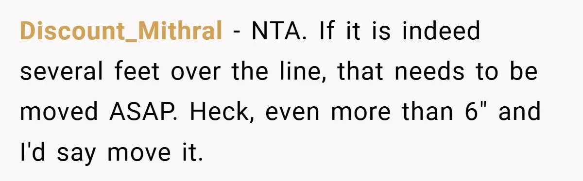 Discount_Mithral − NTA. If it is indeed several feet over the line, that needs to be moved ASAP. Heck, even more than 6" and I'd say move it.