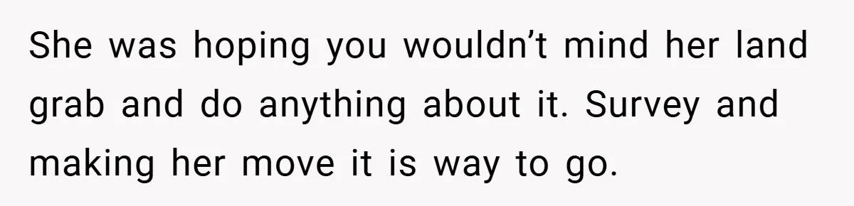 She was hoping you wouldn’t mind her land grab and do anything about it. Survey and making her move it is way to go.
