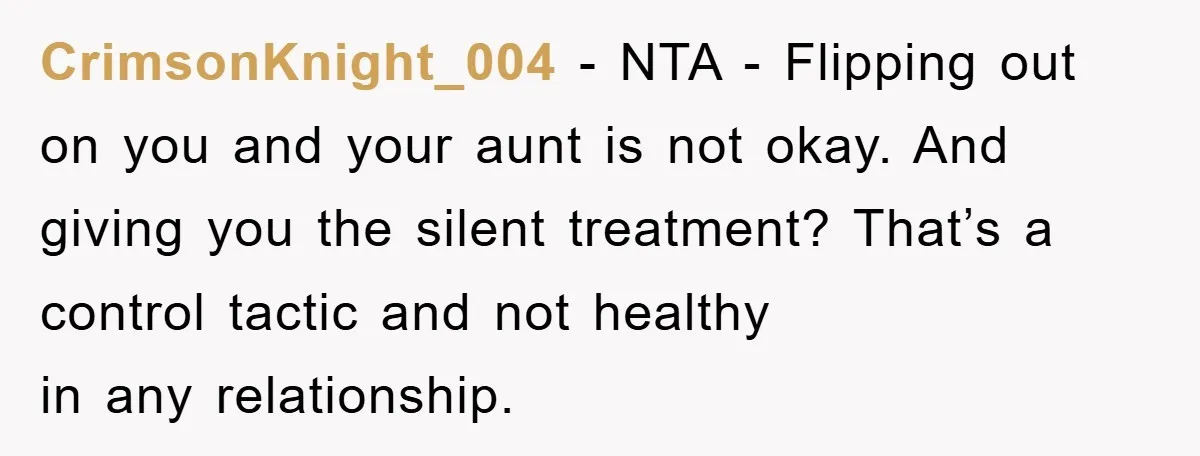 CrimsonKnight_004 - NTA - Flipping out on you and your aunt is not okay. And giving you the silent treatment? That’s a control tactic and not healthy in any relationship.