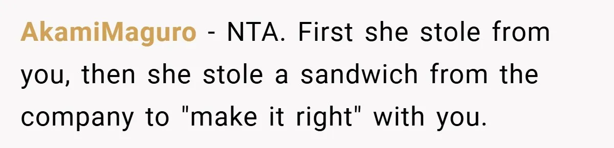 AkamiMaguro − NTA. First she stole from you, then she stole a sandwich from the company to "make it right" with you.