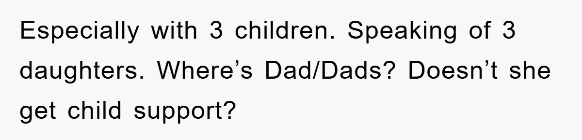Especially with 3 children. Speaking of 3 daughters. Where’s Dad/Dads? Doesn’t she get child support?