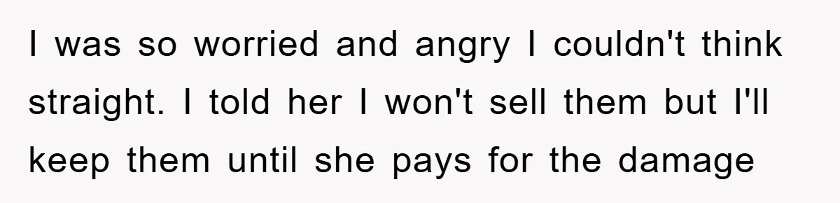 I was so worried and angry I couldn't think straight. I told her I won't sell them but I'll keep them until she pays for the damage