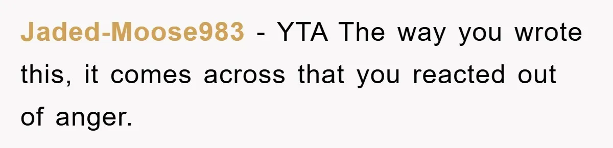 Jaded-Moose983 − YTA The way you wrote this, it comes across that you reacted out of anger.