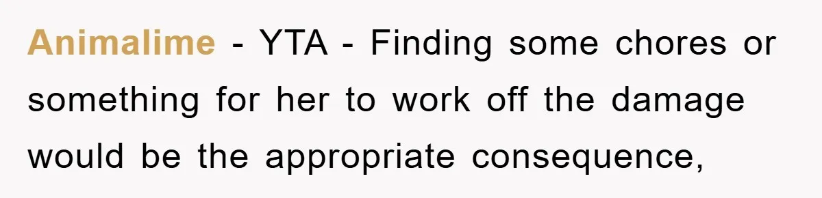 Animalime − YTA - Finding some chores or something for her to work off the damage would be the appropriate consequence,