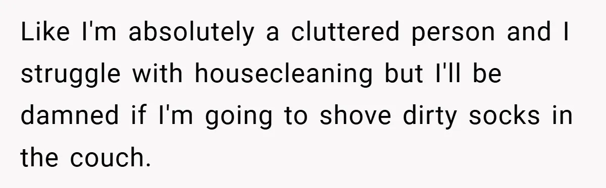 Like I'm absolutely a cluttered person and I struggle with housecleaning but I'll be damned if I'm going to shove dirty socks in the couch.