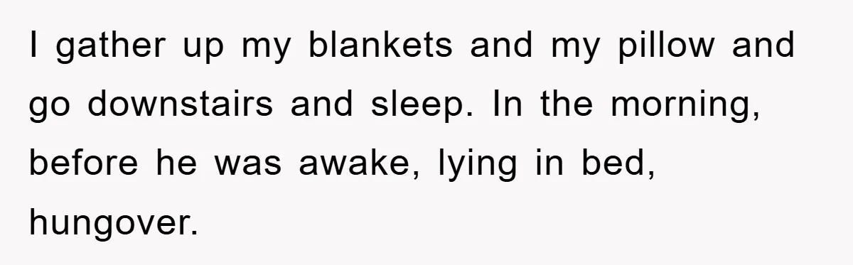 I gather up my blankets and my pillow and go downstairs and sleep. In the morning, before he was awake, lying in bed, hungover.