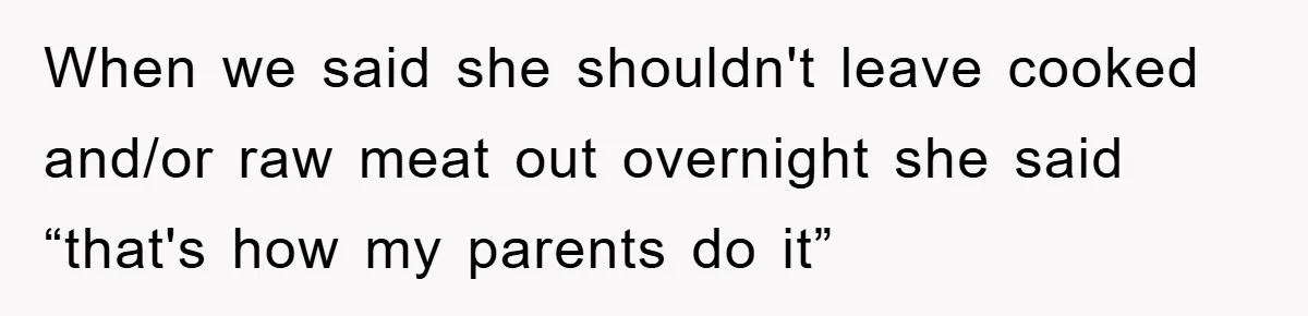 When we said she shouldn't leave cooked and/or raw meat out overnight she said “that's how my parents do it”
