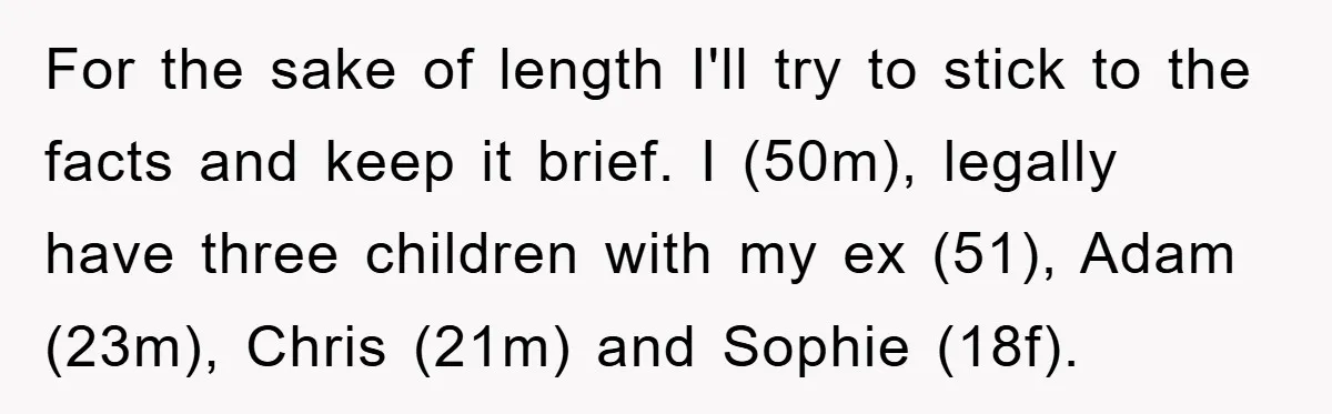 For the sake of length I'll try to stick to the facts and keep it brief. I (50m), legally have three children with my ex (51), Adam (23m), Chris (21m)...