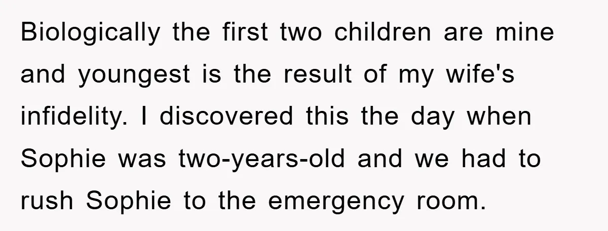 Biologically the first two children are mine and youngest is the result of my wife's infidelity. I discovered this the day when Sophie was two-years-old and we had to rush...