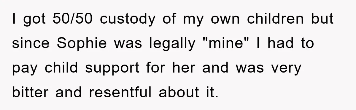 I got 50/50 custody of my own children but since Sophie was legally "mine" I had to pay child support for her and was very bitter and resentful about it.