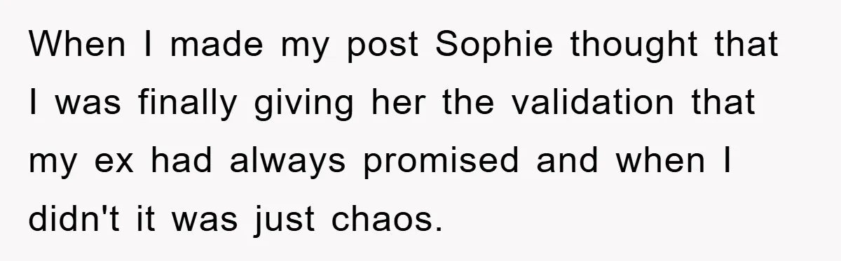 When I made my post Sophie thought that I was finally giving her the validation that my ex had always promised and when I didn't it was just chaos.