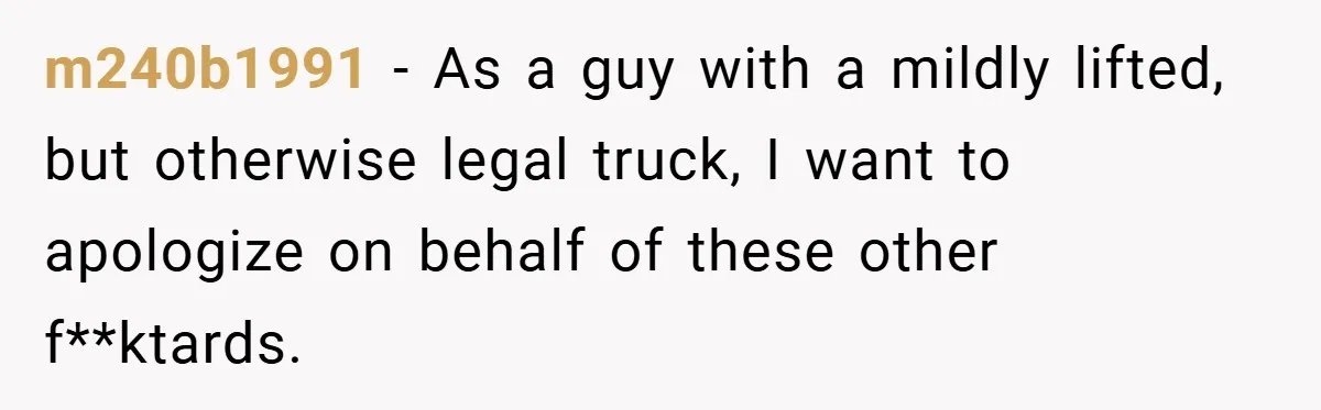 m240b1991 − As a guy with a mildly lifted, but otherwise legal truck, I want to apologize on behalf of these other f**ktards.