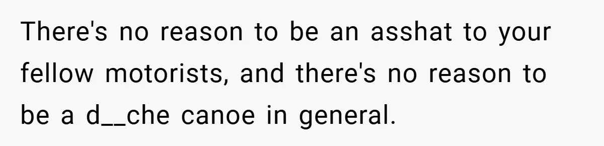 There's no reason to be an asshat to your fellow motorists, and there's no reason to be a d__che canoe in general.