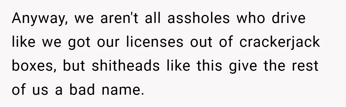 Anyway, we aren't all assholes who drive like we got our licenses out of crackerjack boxes, but shitheads like this give the rest of us a bad name.
