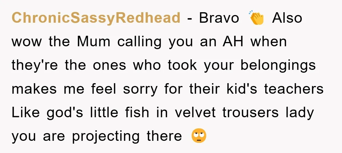ChronicSassyRedhead - Bravo 👏 Also wow the Mum calling you an AH when they're the ones who took your belongings makes me feel sorry for their kid's teachers Like god's...