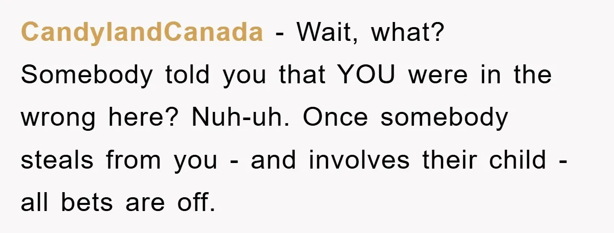 CandylandCanada - Wait, what? Somebody told you that YOU were in the wrong here? Nuh-uh. Once somebody steals from you - and involves their child - all bets are off.
