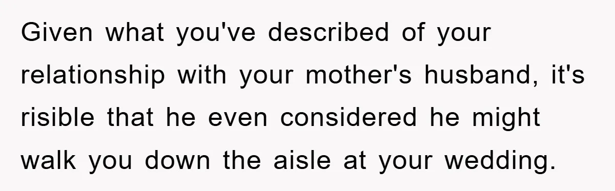 Given what you've described of your relationship with your mother's husband, it's risible that he even considered he might walk you down the aisle at your wedding.