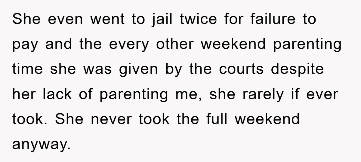 She even went to jail twice for failure to pay and the every other weekend parenting time she was given by the courts despite her lack of parenting me, she...