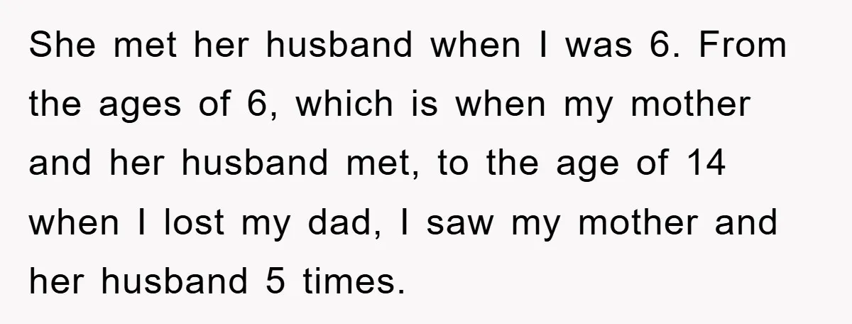 She met her husband when I was 6. From the ages of 6, which is when my mother and her husband met, to the age of 14 when I lost...