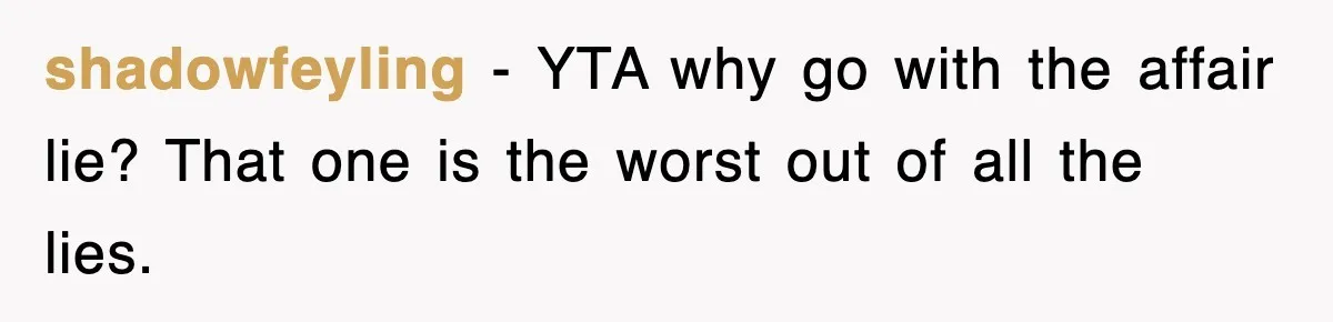 shadowfeyling − YTA why go with the affair lie? That one is the worst out of all the lies.