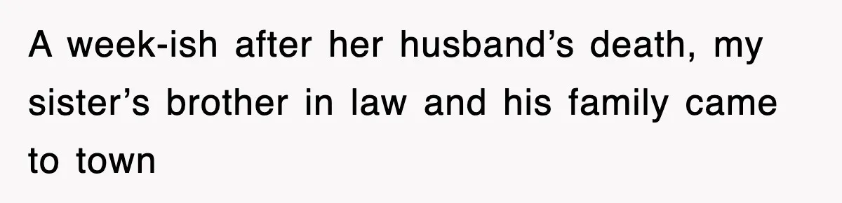 Sister Calls Out Late Husband’s Brother For Treating Widow Terribly During Her Grief A week-ish after her husband’s death, my sister’s brother in law and his family came to town