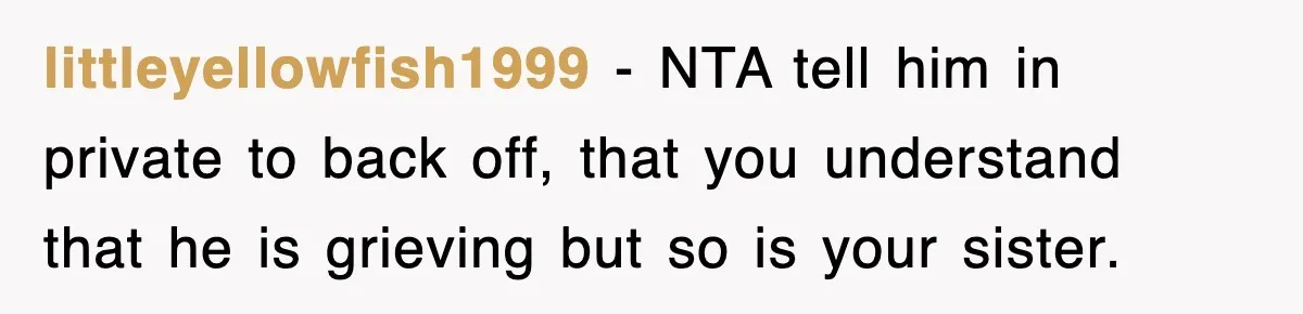 Sister Calls Out Late Husband’s Brother For Treating Widow Terribly During Her Grief littleyellowfish1999 − NTA tell him in private to back off, that you understand that he is grieving but so is your sister.