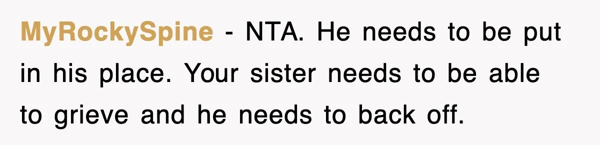 Sister Calls Out Late Husband’s Brother For Treating Widow Terribly During Her Grief MyRockySpine − NTA. He needs to be put in his place. Your sister needs to be able to grieve and he needs to back off.