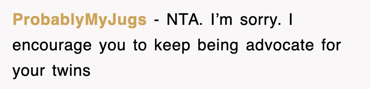 ProbablyMyJugs − NTA. I’m sorry. I encourage you to keep being advocate for your twins