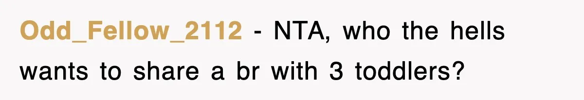 Odd_Fellow_2112 − NTA, who the hells wants to share a br with 3 toddlers?