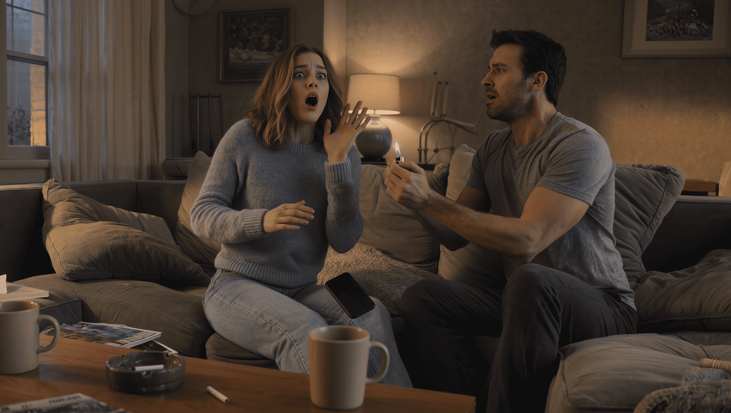 Wife Sending Important Email Gets Terrified When Husband Suddenly Flicks Lighter Inches From Her Face For Attention