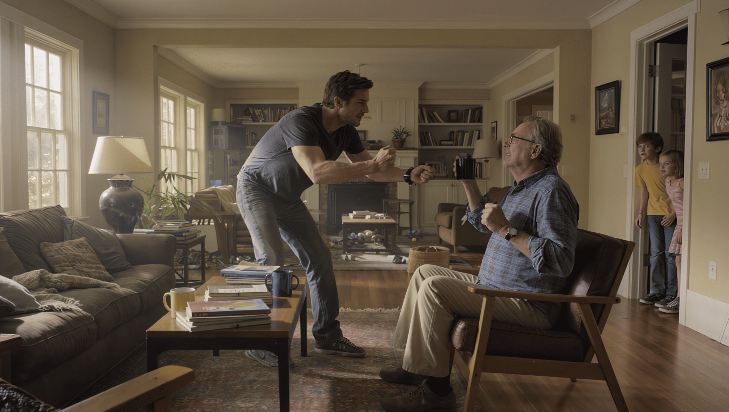 Sitcom-Like Family Fights Over 20-Something's Shower Routine At 7:30 A.M. And Dad Morning Coffee-Fueled Action