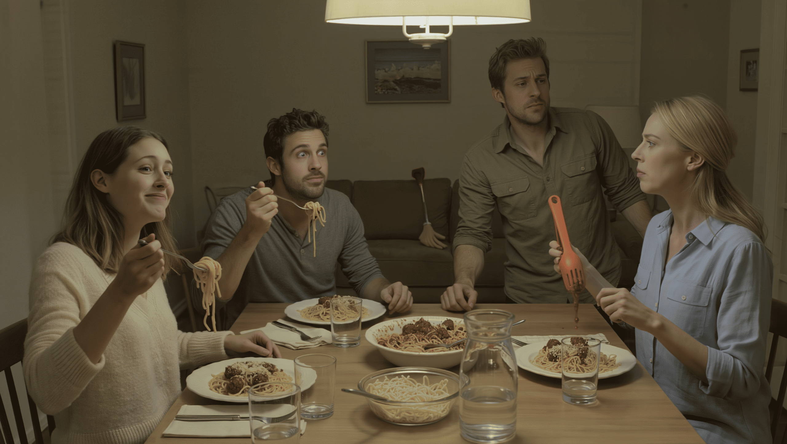 House Guest Grabs 'Special' Spaghetti Spoon While Host Smiles Waiting For Her To Discover The Truth