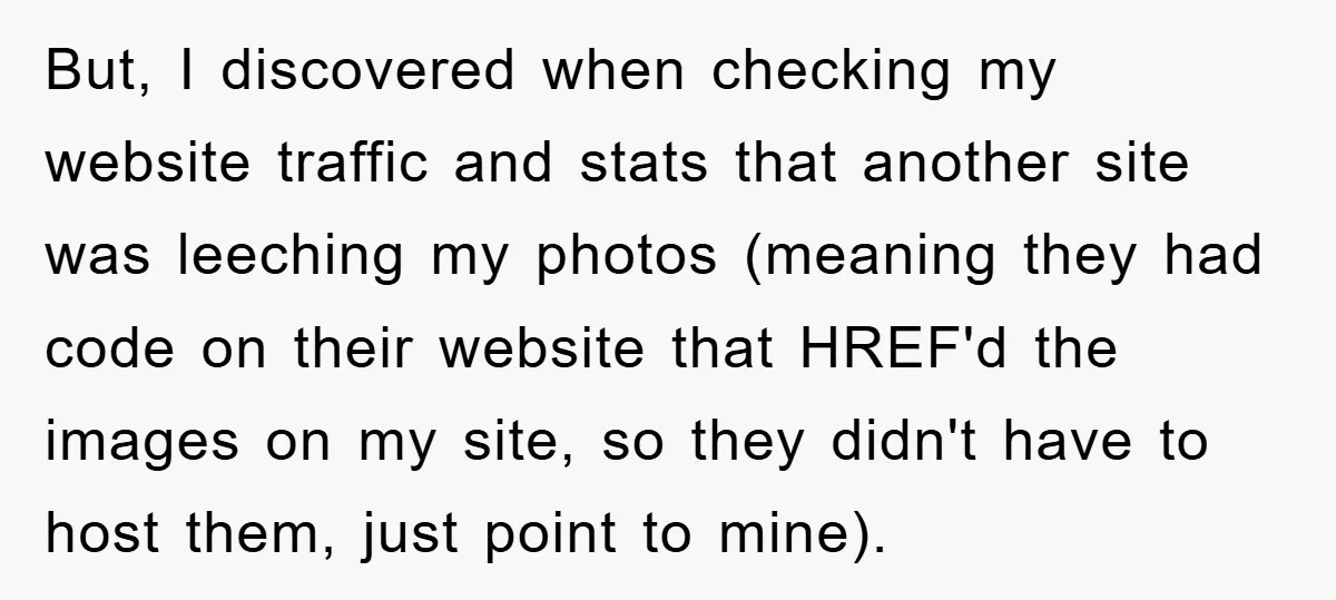 But, I discovered when checking my website traffic and stats that another site was leeching my photos (meaning they had code on their website that HREF'd the images on my...
