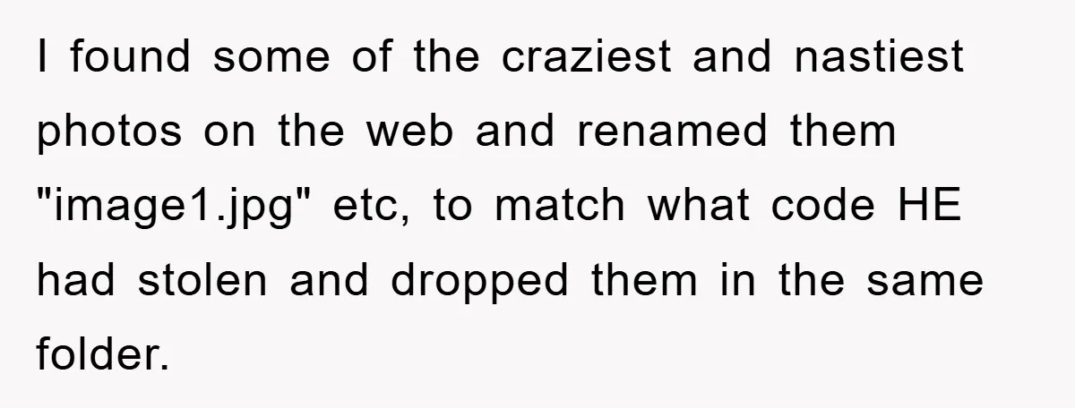I found some of the craziest and nastiest photos on the web and renamed them "image1.jpg" etc, to match what code HE had stolen and dropped them in the same...