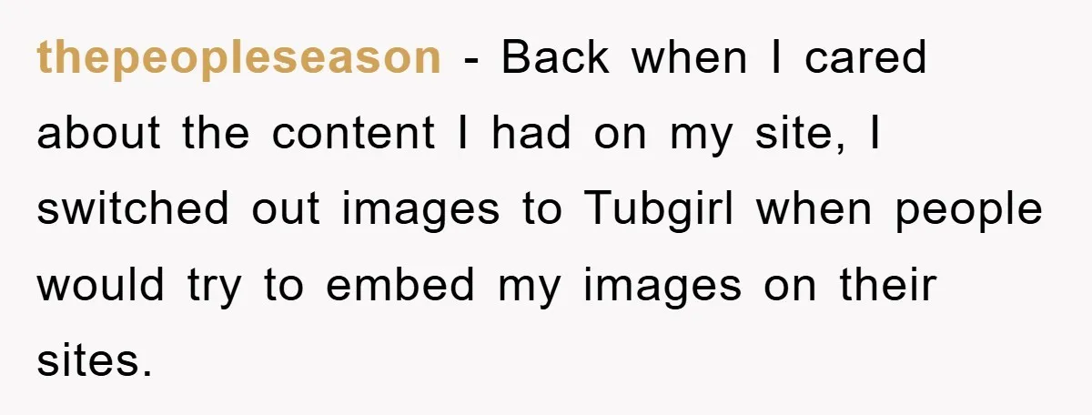 thepeopleseason − Back when I cared about the content I had on my site, I switched out images to Tubgirl when people would try to embed my images on their...