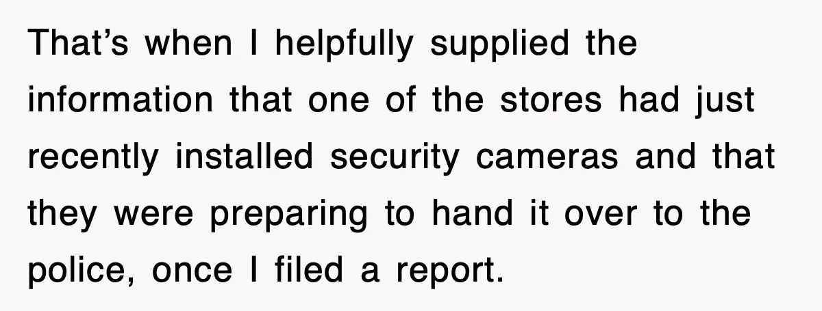 That’s when I helpfully supplied the information that one of the stores had just recently installed security cameras and that they were preparing to hand it over to the police,...